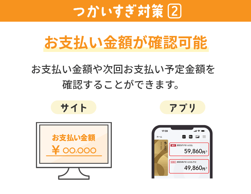 つかいすぎ対策② お支払い金額が確認可能 お支払い金額や次回お支払い予定金額を確認することができます。