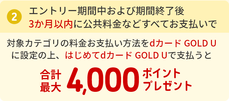 ②エントリー期間中および期間終了後3か月以内に公共料金などすべてお支払いで対象カテゴリの料金お支払い方法をdカード GOLD Uに設定の上、はじめてdカード GOLD Uで支払うと合計最大4,000ポイントプレゼント