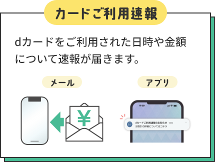 カードご利用速報 dカードをご利用された日時や金額について速報が届きます。