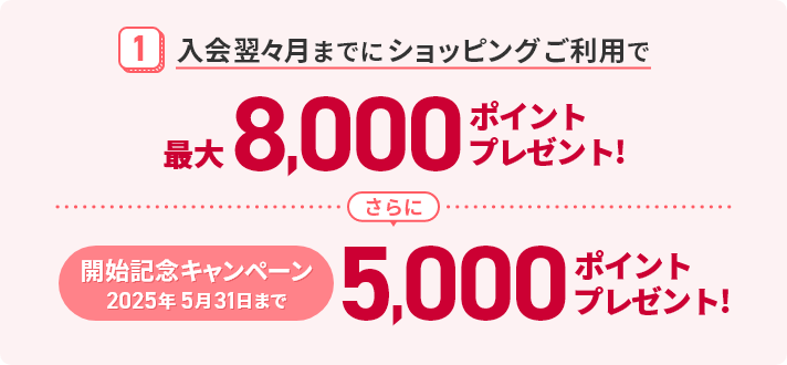 1入会翌々月までにショッピングにご利用で最大8,000ポイントプレゼント！さらに開始記念キャンペーン2025年5月31日まで5,000ポイントプレゼント！