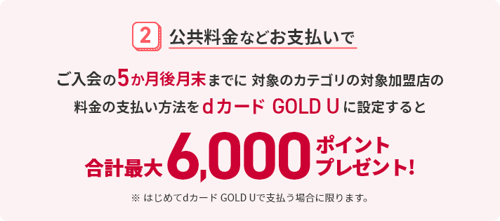 2公共料金などお支払いでご入会の5ヵ月後月末までに対象のカテゴリの対象加盟店の料金の支払い方法をdカード GOLD Uに設定すると合計最大6,000ポイントプレゼント！※はじめてdカードGOLD Uで支払う場合に限ります。