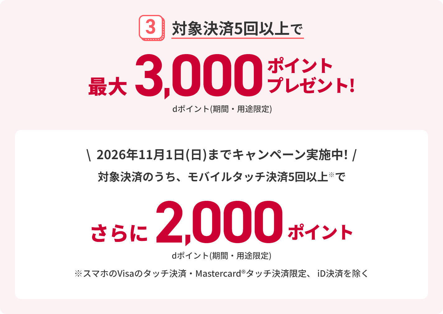 3 対象決済5回以上で最大3,000ポイントプレゼント！ dポイント（期間・用途限定） 2026年11月1日（日）までキャンペーン実施中！ 対象決済のうち、モバイルタッチ決済5回以上でさらに2,000ポイント dポイント（期間・用途限定） ※スマホのVisaのタッチ決済・Mastercard®タッチ決済限定、iD決済を除く