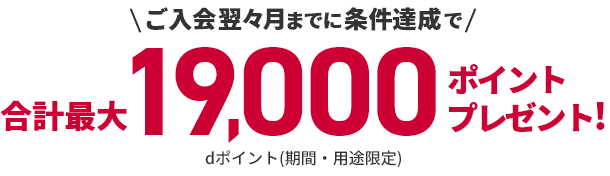 ご入会翌々月までに条件達成で合計最大19,000ポイントプレゼント！dポイント（期間・用途限定）