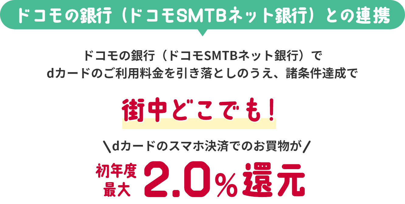 ドコモの銀行（ドコモSMTBネット銀行）との連携 ドコモの銀行（ドコモSMTBネット銀行）でdカードのご利用料金を引き落としのうえ、諸条件達成で 街中どこでも！ dカードのスマホ決済でのお買物が初年度最大2.0%還元