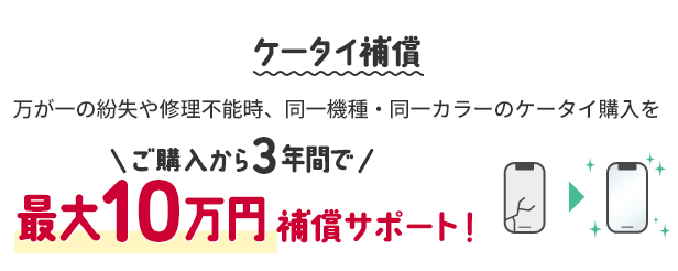 ケータイ補償万が一の紛失や修理不能時、同一機種・同一カラーのケータイ購入をご購入から3年間で最大10万円補償サポート