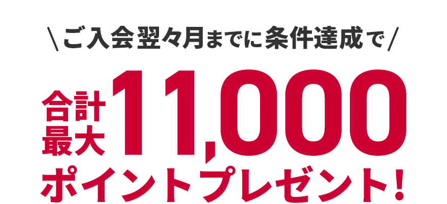 ご入会翌々月までに条件達成で合計最大11,000ポイントプレゼント！