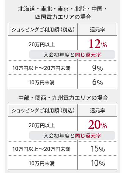北海道・東北・東京・北陸・中国・
                                  四国電力エリアの場合 ショッピングご利用額（税込）20万円以上還元率12% 入会初年度と同じ還元率 ショッピングご利用額（税込）10万円以上～20万円未満 還元率9% ショッピングご利用額（税込）10万円未満 還元率 6% 中部・関西・九州電力エリアの場合 ショッピングご利用額（税込）20万円以上還元率20% 入会初年度と同じ還元率 ショッピングご利用額（税込）10万円以上～20万円未満 還元率15% ショッピングご利用額（税込）10万円未満 還元率 10%