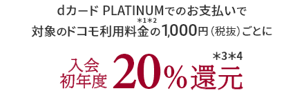 dカード PLATINUMでのお支払いで対象のドコモ利用料金＊1＊2の1,000円（税抜）ごとに入会初年度20%還元＊3＊4