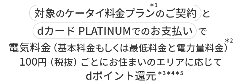 対象のケータイ料金プラン＊1のご契約とdカード PLATINUMでのお支払いで電気料金（基本料金もしくは最低料金と電力量料金）＊2 100円（税抜）ごとにお住まいのエリアに応じてdポイント還元＊3＊4＊5