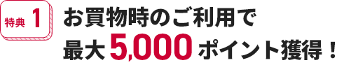 特典1 お買物時のご利用で最大5,000ポイント獲得！