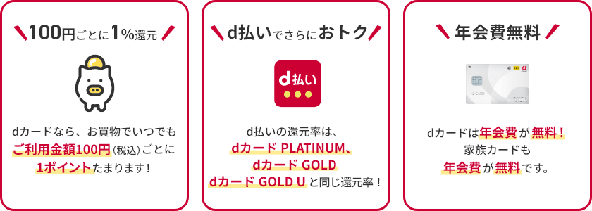 100円ごとに1%還元 dカードなら、お買物でいつでもご利用金額100円（税込）ごとに1ポイントたまります！d払いでさらにおトク d払いの還元率は、dカード PLATINUM、dカード GOLD dカード GOLD Uと同じ還元率！年会費無料 dカードは年会費が無料！家族カードも年会費が無料です。