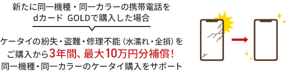 新たに同一機種・同一カラーの携帯電話をdカード  GOLDで購入した場合ケータイの紛失・盗難・修理不能（水濡れ・全損）をご購入から3年間、最大10万円分補償！同一機種・同一カラーのケータイ購入をサポート