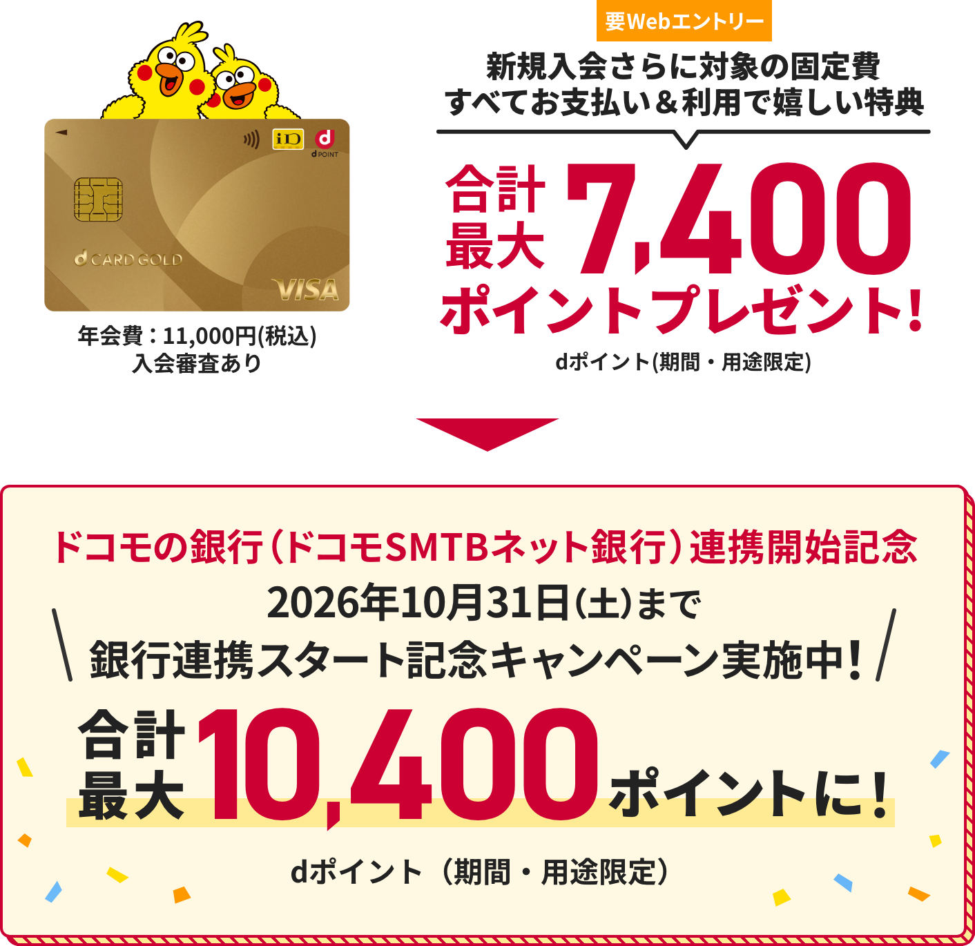 年会費：11,000円(税込) 入会審査あり 要Webエントリー 新規入会さらに対象の固定費すべてお支払い＆利用で嬉しい特典 合計最大7,400ポイントプレゼント！ dポイント（期間・用途限定） ドコモの銀行（ドコモSMTBネット銀行）連携開始記念 2026年10月31日（土）まで銀行連携スタート記念キャンペーン実施中！ 合計最大10,400ポイントに！ dポイント（期間・用途限定）