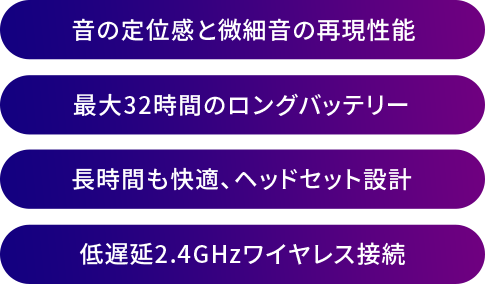 音の定位感と微細音の再現性能/業界最長 連続使用12時間/AIを活用したマイク性能/高速2.4GHz無線