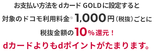 お支払い方法をdカード GOLDに設定すると 対象のドコモ利用料金 ※ 1,000円（税抜）ごとに 税抜金額の10％還元！ dカードよりもdポイントがたまります。