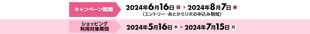 キャンペーン期間2024年6月16日（日）～2024年8月7日（水）（エントリー・あとからリボお申込み期間）ショッピング利用対象期間2024年5月16日（木）～2024年7月15日（月）