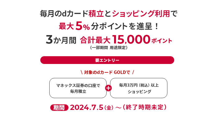 毎月のdカード積立とショッピング利用で最大5％分ポイントを進呈！ 3か月間合計最大15,000ポイント（一部期間 用途限定）