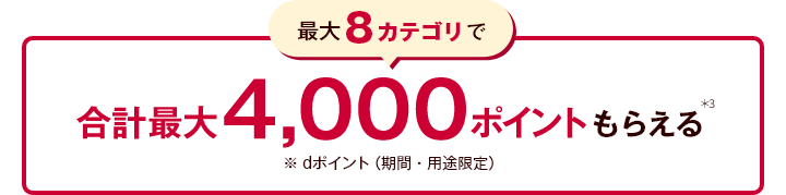最大8カテゴリで、合計最大4,000ポイントもらえる＊3 ※dポイント（期間・用途限定）