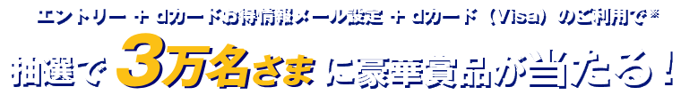 エントリー ＋ dカードお得情報メール設定 ＋ dカード（Visa）のご利用で ※ 抽選で3万名さまに豪華賞品が当たる！