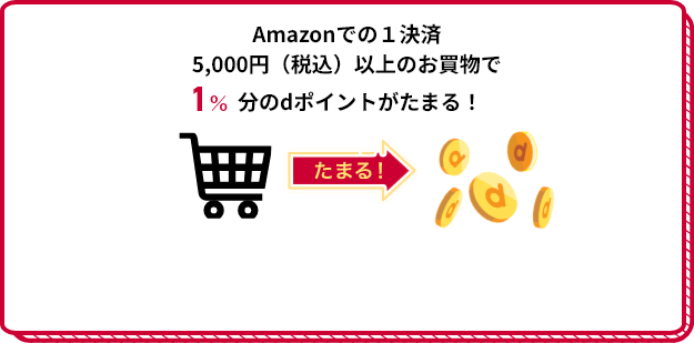 Amazonでの1決済5,000円（税込）以上のお買物で1%分のdポイントがたまる！ たまる