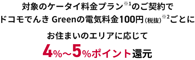 対象のケータイ料金プラン※1のご契約で ドコモでんき Greenの電気料金100円（税抜）※2ごとに お住まいのエリアに応じて4％～5％ポイント還元