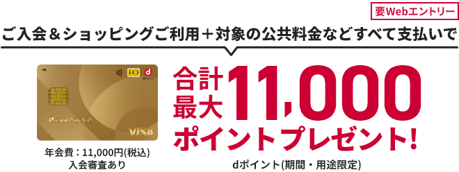 要Webエントリー 年会費：永年無料 ご入会＆ショッピングご利用＋対象の公共料金などすべて支払いで合計最大11,000ポイントプレゼント！ dポイント(期間・用途限定) 年会費：11,000円(税込) 入会審査あり