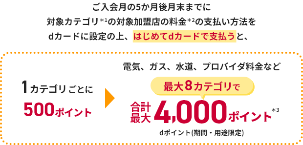 ご入会月の5か月後月末までに対象カテゴリ＊1の対象加盟店の料金＊2の支払い方法をdカードに設定の上、はじめてdカードで支払うと、1カテゴリごとに500ポイント 電気、ガス、水道、プロバイダ料金など最大8カテゴリで合計最大4,000ポイント＊3 dポイント(期間・用途限定)