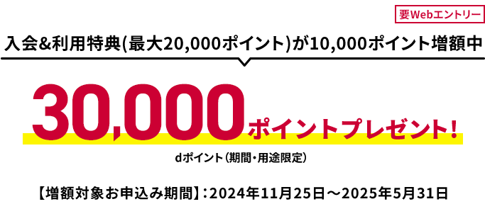 要Webエントリー 入会＆利用特典（最大20,000ポイント）が10,000ポイント増額中 30,000ポイントプレゼント！ dポイント（期間・用途限定） 【増額対象お申込み期間】2024年11月25日～2025年5月31日