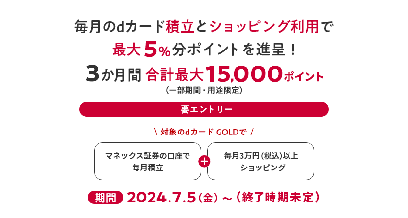 毎月のdカード積立とショッピング利用で最大5％分ポイントを進呈！3か月間合計最大15,000ポイント（一部期間・用途限定） 要エントリー 対象のdカード GOLDで マネックス証券の口座で毎月積立 ＋ 毎月3万円（税込）以上ショッピング 期間2024.7.5（金）～（終了時期未定）