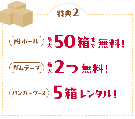 特典2 段ボール最大50箱まで無料！ガムテープ最大2つ無料！ハンガーケース5箱レンタル！