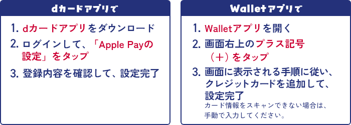 dカードアプリで 1． dカードアプリをダウンロード 2． ログインして、「Apple Payの設定」をタップ 3． 登録内容を確認して、設定完了 Walletアプリで 1． Walletアプリを開く 2． 画面右上のプラス記号（＋）をタップ 3．画面に表示される手順に従い、クレジットカードを追加して、設定完了 カード情報をスキャンできない場合は、手動で入力してください。