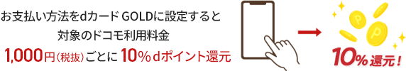 お支払い方法をdカード GOLDに設定すると対象のドコモ利用料金1,000円（税込）ごとに100ポイント還元 10%還元