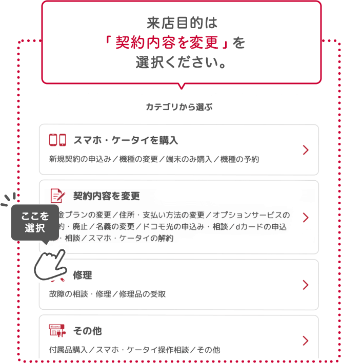 来店目的は「契約内容を変更」を選択ください。