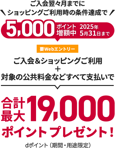 ご入会翌々月までにショッピングご利用時の条件達成で 5,000ポイント増額中 2025年5月31日まで 要Webエントリー ご入会&ショッピングご利用＋対象の公共料金などすべて支払いで 合計最大19,000ポイントプレゼント！ dポイント（期間・用途限定）