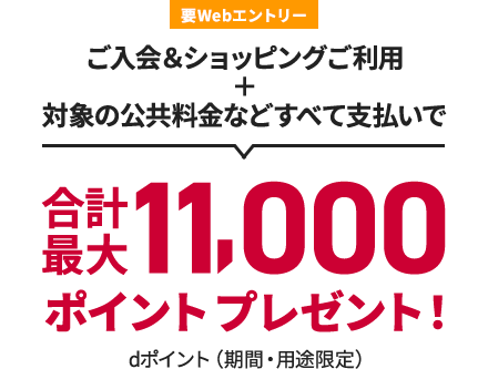 要Webエントリー ご入会＆ショッピングご利用 + 対象の公共料金などすべて支払いで 合計最大11,000ポイントプレゼント！ dポイント（期間・用途限定）