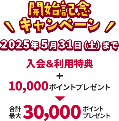 開始記念キャンペーン 2025年5月31日(土)まで 入会&利用特典+10,000ポイントプレゼント → 合計最大30,000ポイントプレゼント