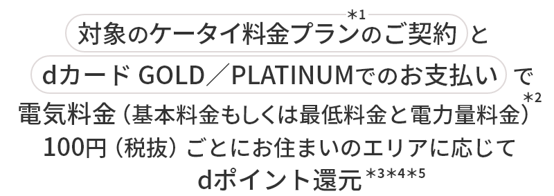 対象のケータイ料金プラン＊1のご契約とdカード GOLD／PLATINUMでのお支払いで電気料金（基本料金もしくは最低料金と電力量料金）＊2 100円（税抜）ごとにお住まいのエリアに応じてdポイント還元＊3＊4＊5