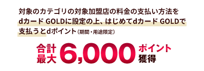 対象のカテゴリの対象加盟店の料金の支払い方法をdカード GOLDに設定の上、はじめてdカード GOLDで支払うとdポイント（期間・用途限定）合計最大6,000ポイント獲得