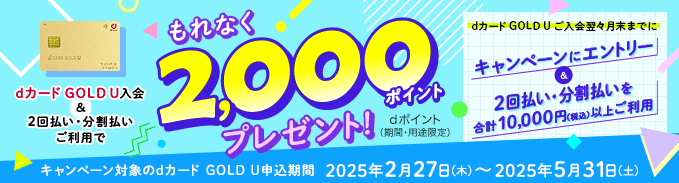 dカード GOLD U入金＆2回払い・分割払いご利用でもれなく2,000ポイントプレゼント！dポイント（期間・用途限定）dカード GOLD U ご入会翌々月末までにキャンペーンにエントリー＆2回払い・分割払いを合計10,000円（税込）以上ご利用　キャンペーン対象のdカード GOLD U申込期間　2025年2月27日（木）～2025年5月31日（土）