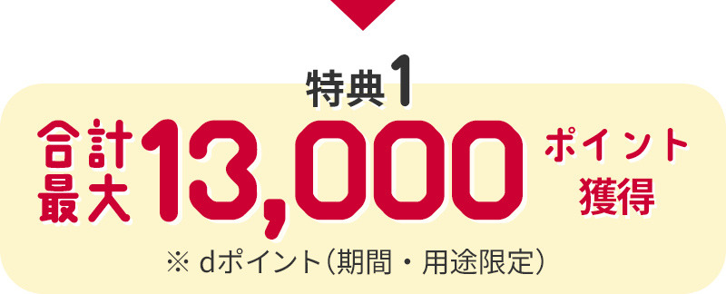 特典1 合計最大13,000ポイント獲得 ※dポイント（期間・用途限定）