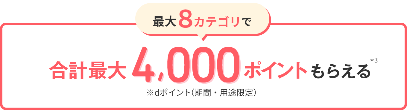 最大8カテゴリで 合計最大4,000ポイントもらえる ＊3 ※dポイント（期間・用途限定）