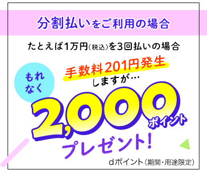 分割払いをご利用の場合 たとえば1万円（税込）を3回払いの場合もれなく手数料201円発生しますが2,000ポイントプレゼント！dポイント（期間・用途限定）