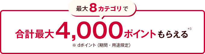 最大8カテゴリで 合計最大4,000ポイントもらえる＊3 ※dポイント（期間・用途限定）