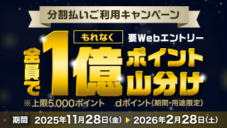 分割払いご利用キャンペーン 全員でもれなく1億ポイント山分け 要Webエントリー ※上限5,000ポイント dポイント（期間・用途限定） 期間 2025年11月28日（金） 2026年2月28日（土）