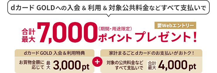 dカード GOLDへの入会＆利用＆対象公共料金などすべて支払いで 合計最大7,000ポイント（期間・用途限定）プレゼント！要Webエントリー dカード GOLD入会＆利用特典 お買物金額に応じて 最大3,000pt ＋ 家計まるごとdカードのお支払いがおとく！ 対象の公共料金などすべて支払いで 合計最大4,000pt
