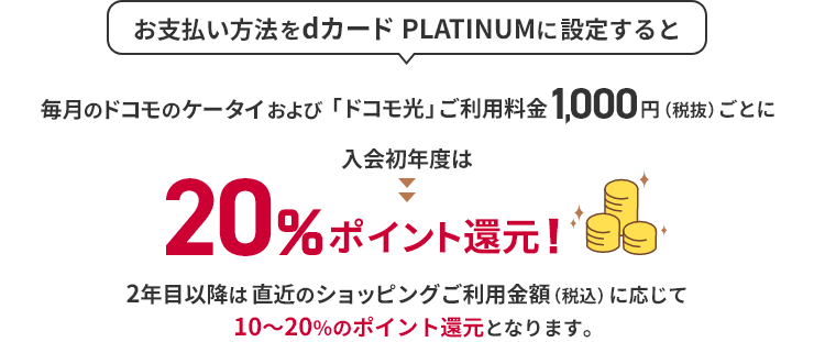 お支払い方法をdカード PLATINUMに設定すると 毎月のドコモのケータイおよび「ドコモ光」ご利用料金1,000円（税抜）ごとに 入会初年度は20％ポイント還元！ 2年目以降は直近のショッピングご利用金額（税込）に応じて10～20％のポイント還元となります。