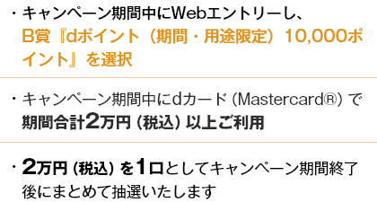 ・キャンペーン期間中にWebエントリーし、B賞『dポイント（期間・用途限定）10,000ポイント』を選択 ・キャンペーン期間中にdカード（Mastercard®）で期間合計2万円（税込）以上ご利用 ・2万円（税込）を1口としてキャンペーン期間終了後にまとめて抽選いたします