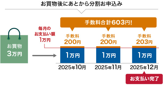 お買物後にあとから分割お申込み お買物3万円 手数料合計603円！