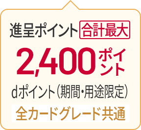進呈ポイント 合計最大 2,400ポイント dポイント（期間・用途限定） 全カードグレード共通