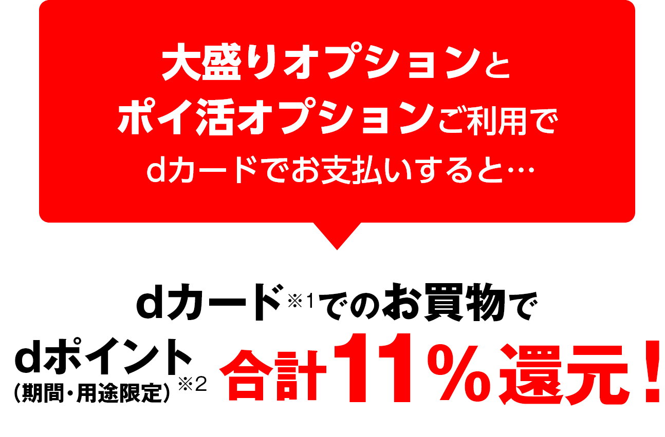 大盛りオプションとポイ活オプションご利用でdカードでお支払いすると…　dカード※1でのお買物で dポイント（期間・用途限定）※2 合計11%還元！